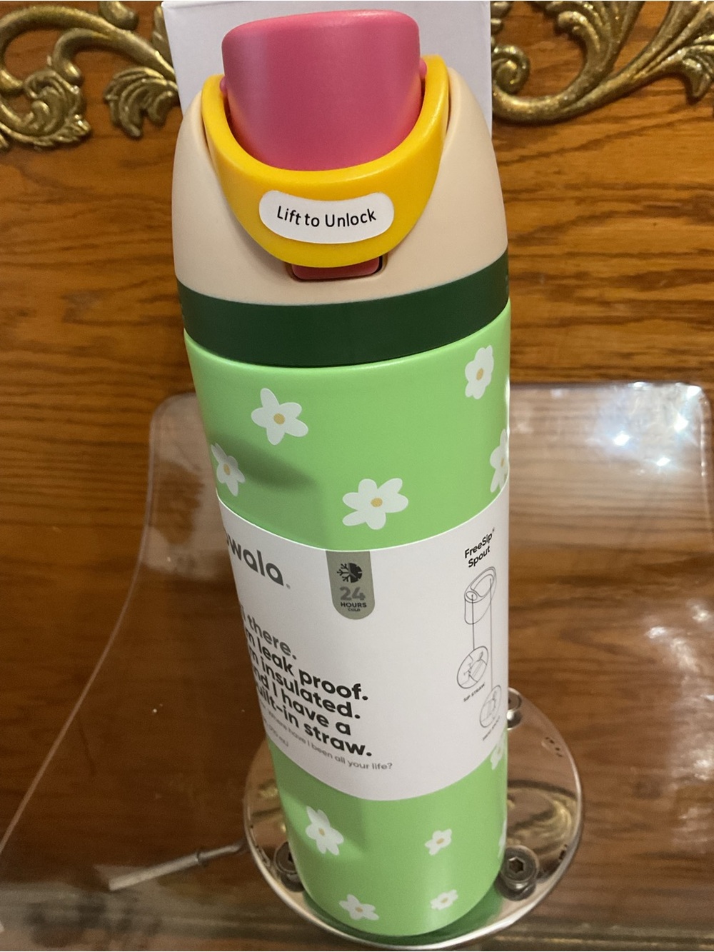 Stanley Contigo Floral Green Stainless Steel Water Bottle with Pink Lid